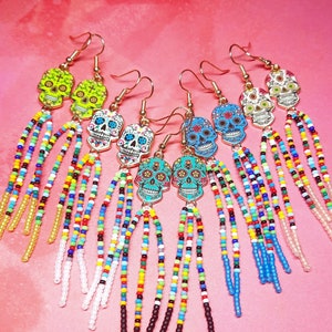 Skinny Confetti Rainbow Fringe Earrings with Skull Beads