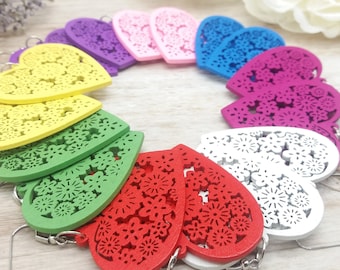 Colorful Mexican Culture Heart Shaped Papel Picado Floral Wooden Fiesta Earrings