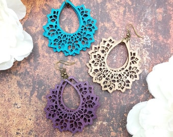Mexican Culture Papel Picado Floral Wooden Earrings