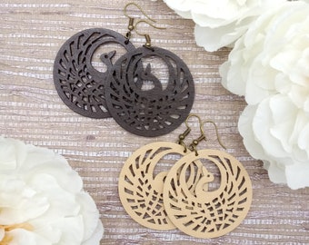 Mexican Papel Picado Style Bird Wooden Dangle Earrings