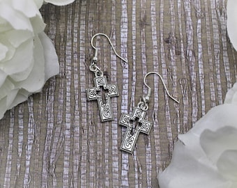 Dia De Los Muertos Dangle Cross Earrings: Fancy Swirl Design