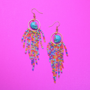 Confetti Rainbow Fringe Earrings with Skull Beads