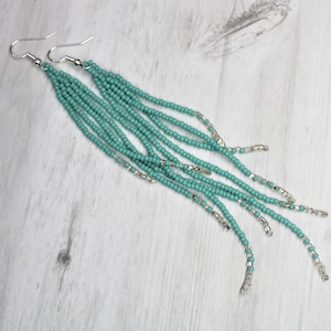 Turquoise Seed Bead Statement Earrings with Silver Tone Finish