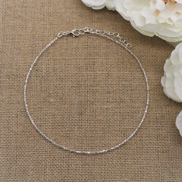 Dainty Seed Bead Choker Necklace , Simple Shimmery Silver Choker Necklace