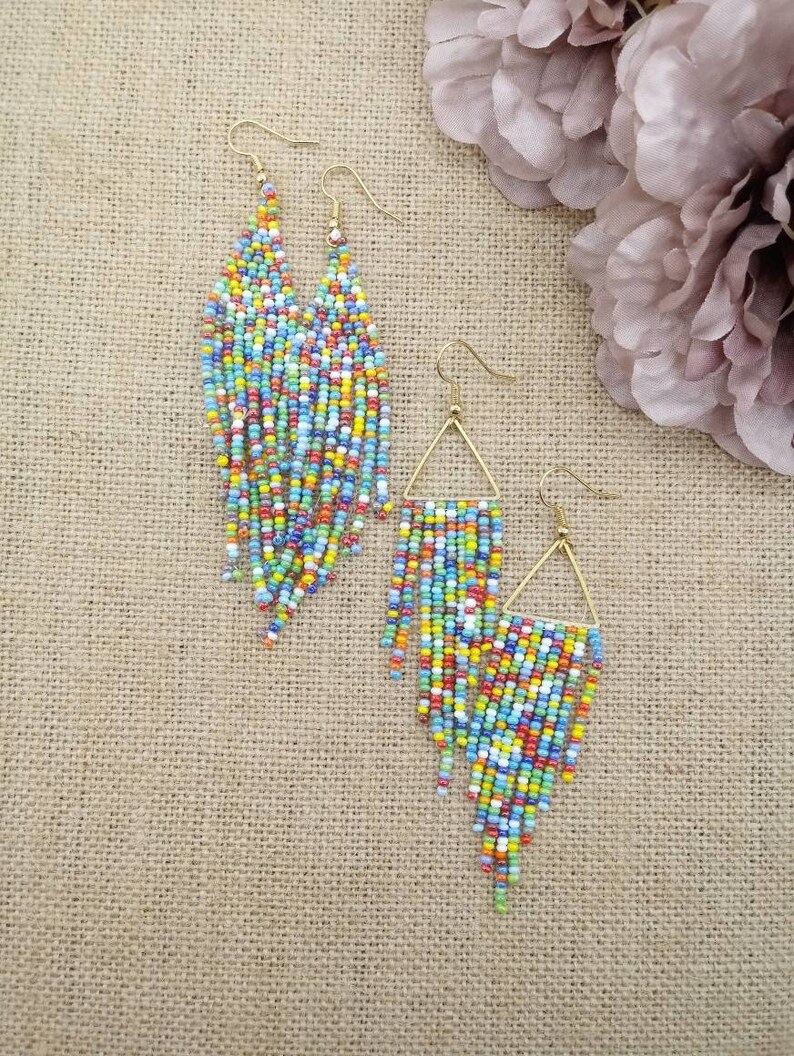 Rainbow Seed Bead Fringe Earrings - Etsy