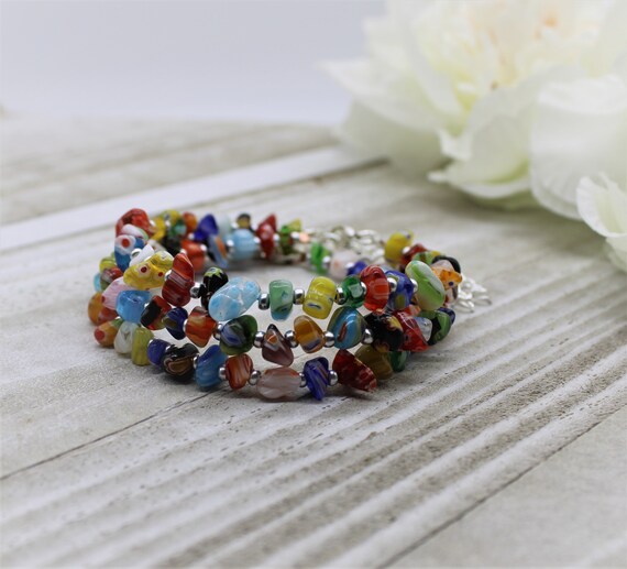 Colourful Beaded Bracelet Mixed Glass Beads Mulitcolour Cuff