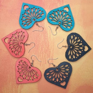 Mexican Culture Papel Picado Floral Love Heart Wooden Earrings