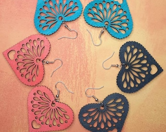 Mexican Culture Papel Picado Floral Love Heart Wooden Earrings