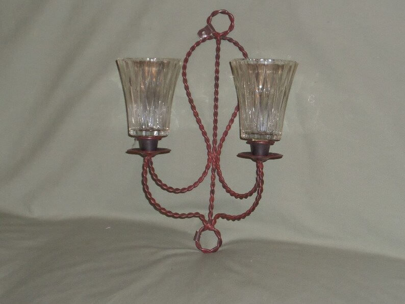 Vintage Twisted Wire Wall Sconce With 2 Ribbed Glass Candle