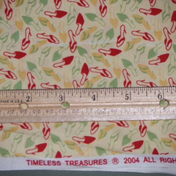 Timeless Treasures Cotton Shoe Fabric, by the yard, Yellow Green Red 2004 Sewing Material Supply Supplies Crafts Quilting Sewing Destash