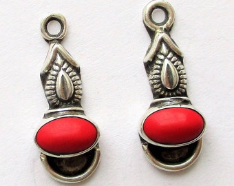 Sterling and Coral Charms, Sterling and Coral Dangles, Coral and SS Charms, Coral and SS Dangles, 17mm, lot of 2