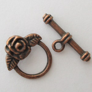 Flower Toggle Clasp, Antique Copper Toggle Clasp, Copper Rose Toggle Clasp, Toggle 18 x 19mm; Bar 24mm x 4mm, lot of 6