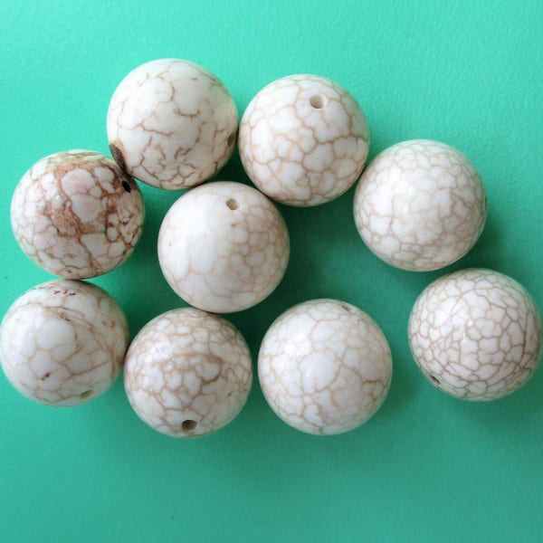 Turquoise Round Focal Beads, White Turquoise Beads, Magnesite focal beads, brown veined white magnesite, 16mm round, lot of (9) nine