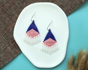 Beaded earrings Blue pink seed bead earrings Native style beaded dangle earrings Beadwoven earrings Blue pink bohemian fringe gift earrings