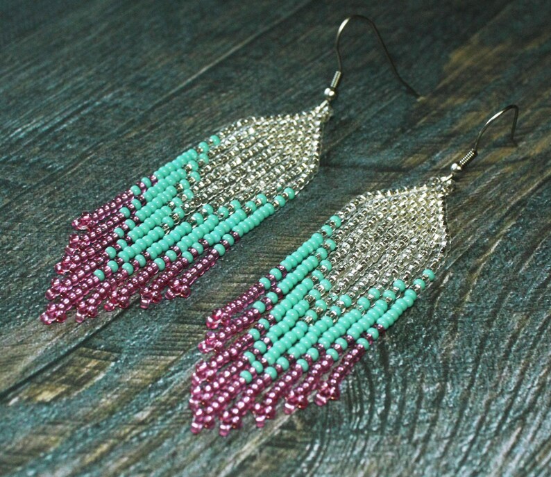 Chandelier Earrings Seed Bead Ombre Earrings Fringe Silver Etsy