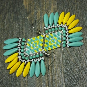 Modern earrings Turquoise beaded boho earrings Bohemian seed bead earrings Geometric fringe earrings Chandelier earrings Dangle earrings