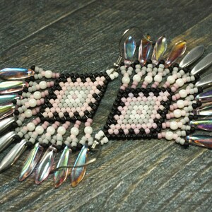 Pink earrings Delicate earrings Evening chandelier Geometric earrings Diamond shining earrings Fringe Beadwoven beaded handmade earrings