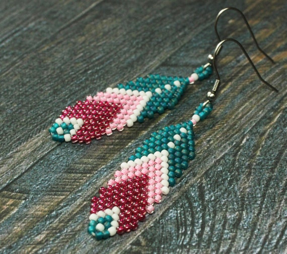 beaded feather earrings seed bead earrings pink seed bead earrings beaded earrings feather earrings