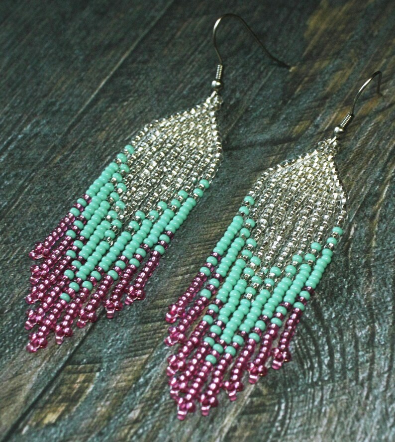 Chandelier Earrings Seed Bead Ombre Earrings Fringe Silver Etsy