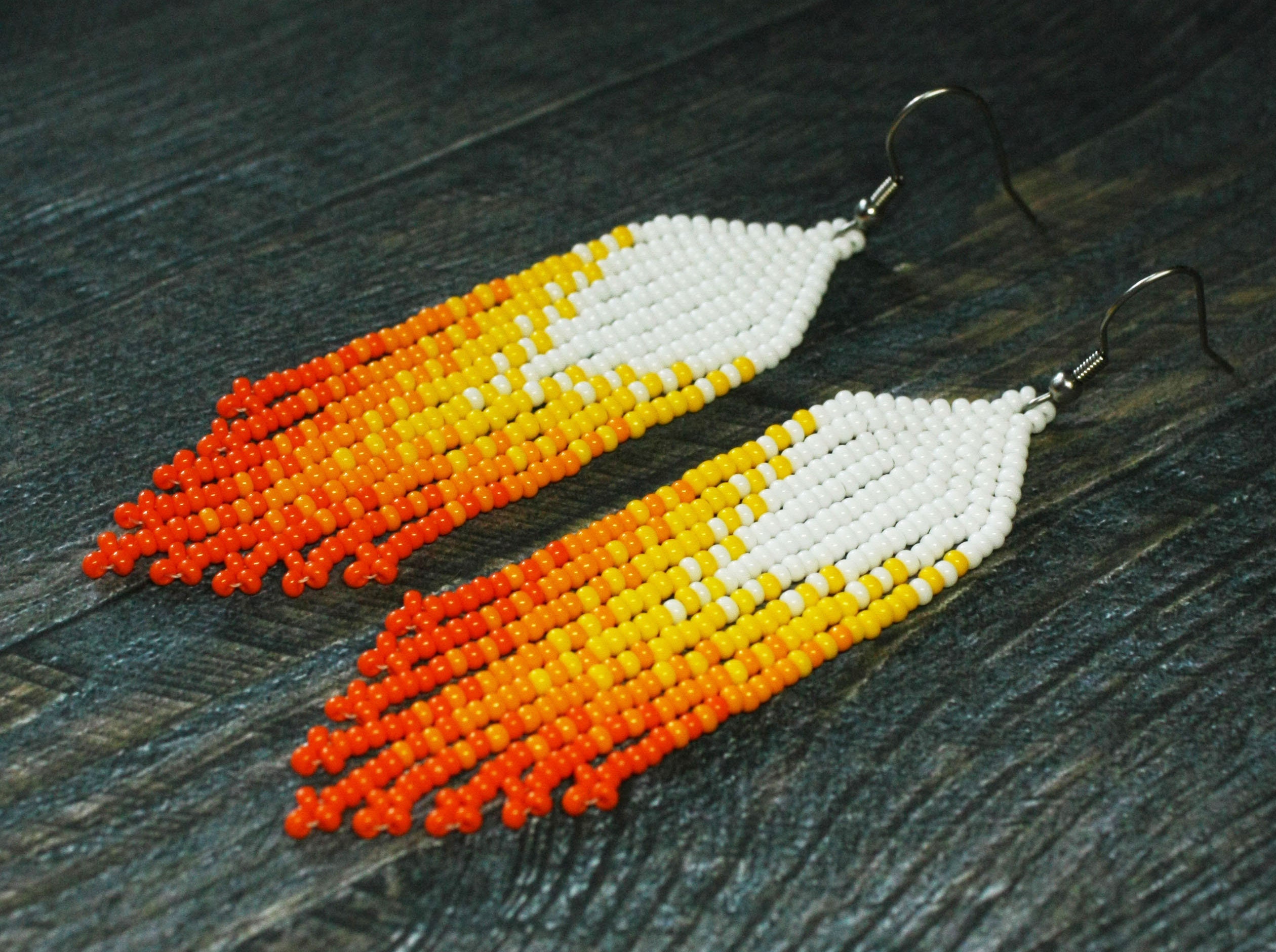Orange Beaded Earrings Long Seed Bead Ombre Fringe Earrings Modern