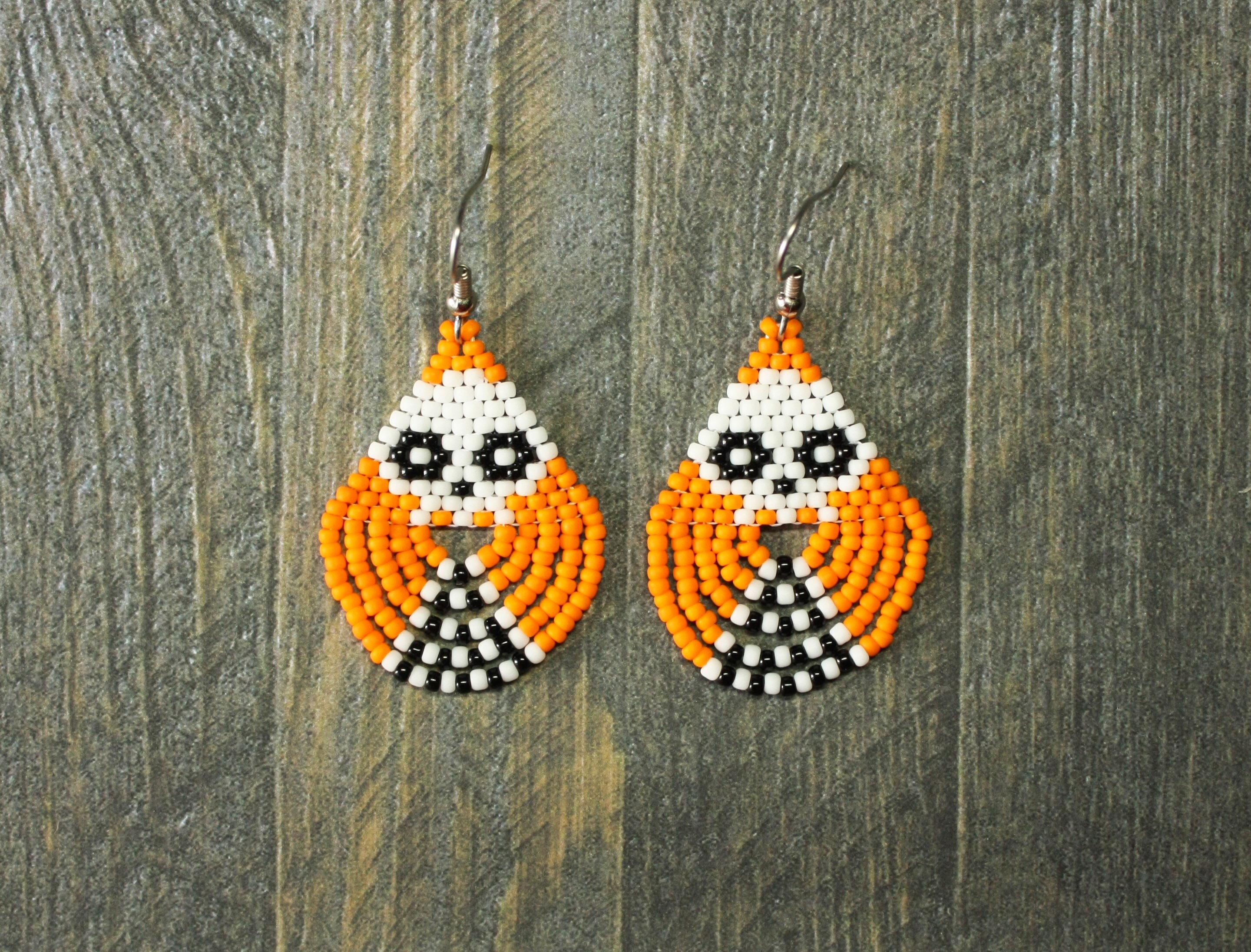 Seed Bead Orange Skeleton Earrings Halloween Beaded Earrings