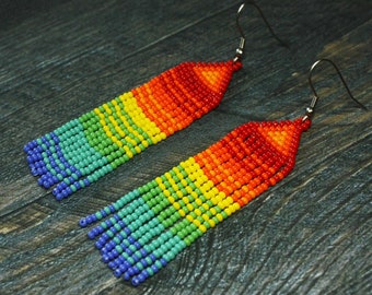 Rainbow seed bead earrings Multicolor earrings Seed beads tassel rainbow fringe earrings Beadwork rainbow beaded dangle colorful earrings