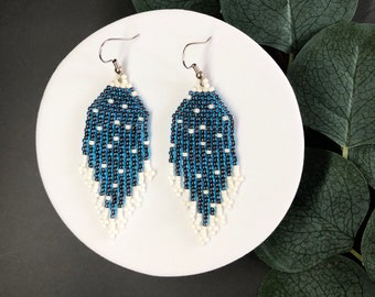 Seed bead earrings Blue bead earrings Dark blue white dot beaded earrings Handmade beadwoven earrings Small fringe dangke bead earrings gift