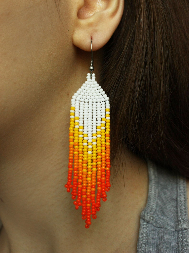 Orange beaded earrings Long seed bead ombre fringe earrings Etsy