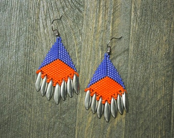 Orange blue beaded earrings Seed bead earrings Long earrings Native earrings Silver chandelier earring Boho earring Beadwork earring Fringe