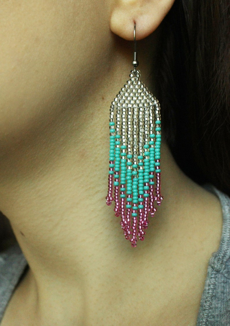 Chandelier Earrings Seed Bead Ombre Earrings Fringe Silver Etsy