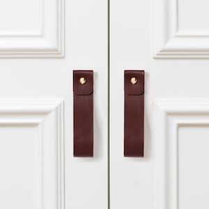 May include: Two white doors with brown leather pulls and gold accents.