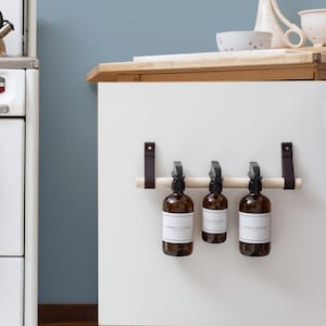 Cabinet Door Organizer under the kitchen sink storage spray bottle holder minimal space saving design holds cleaning products & towel rail