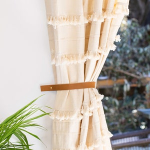 leather curtain tieback curtain holdback gold modern window treatments 3rd anniversary gift rustic decor boho decor living room curtain loop