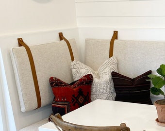 Custom Leather Wall Strap for hanging pillow cushions, Headboards, Banquette strap shelf wall hung hook floating shelving bracket farmhouse