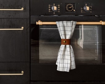 Leather Towel Loop band holds kitchen towels in place from slipping off oven door handle easy use gold snap closure for easy open decorative