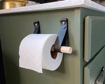 Leren toiletpapierhouderset met houten pluggen, walnoot of berken, eenvoudige wc-rolhouder, minimalistische lederen riemhaken, rustiek badkamerdecor