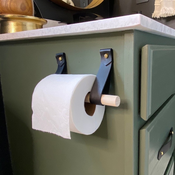 Leather Toilet Paper Holder Kit with wood dowel walnut or birch simple loo roll holder minimalist leather strap hooks rustic bathroom decor