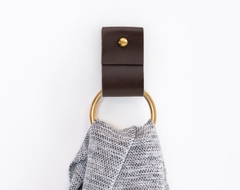 Wide Leather Towel Holder with Brass Ring