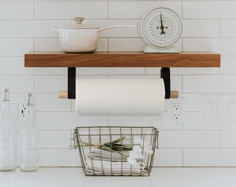 Minimal Paper Towel Holder modern alternative to countertop stand mounts under the cabinet with leather straps with birch or walnut wood