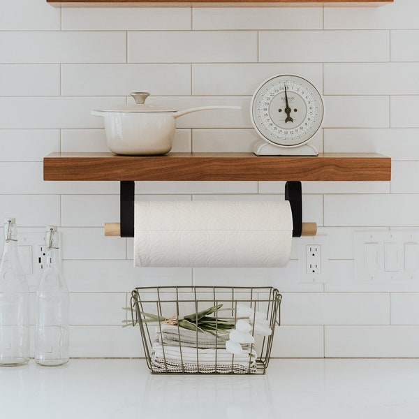 Minimal Paper Towel Holder modern alternative to countertop stand mounts under the cabinet with leather straps with birch or walnut wood