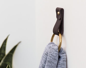 Pequeña correa de cuero anillo de latón gancho de pared colgante de pared almacenamiento gancho de toalla moderno toallero de baño soporte de correa de bucle de cuero colgador de bufanda