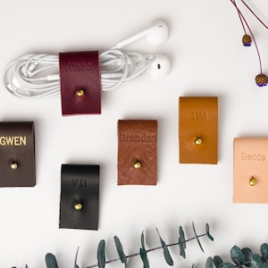 Personalised leather earbud organizer cord keeper monogram cable ties gift under 15 custom leather anniversary gift cord wrap organizer