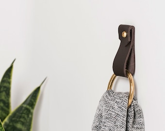 Small minimalist leather strap hanger for bath towel holder leather wall hook strap towel hook bathroom decor brass towel ring nordic home