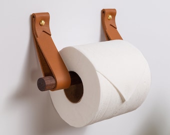 Leather Toilet Paper Holder Kit with wood dowel walnut or birch simple loo roll holder minimalist leather strap hooks rustic bathroom decor