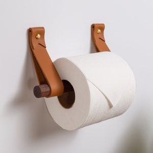 Leather Toilet Paper Holder Kit with wood dowel walnut or birch simple loo roll holder minimalist leather strap hooks rustic bathroom decor