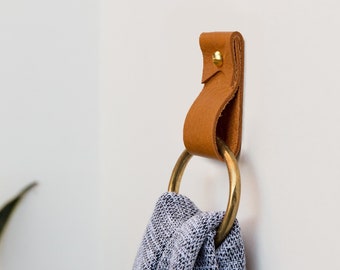 small leather strap with brass towel ring minimalist hanger for bath towel holder leather wall hook strap towel hook nordic bathroom decor