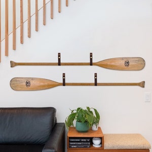 Our Leather Wall Straps are used to hang oar paddles on the wall, the handle of the oar fits through the loop of the strap once installed.