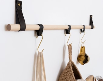 Support de rangement suspendu, kit de porte-serviettes, rail mural pour casseroles, poêles, tasse, ustensiles, tasses à café, tasses, lanière en cuir et goujon