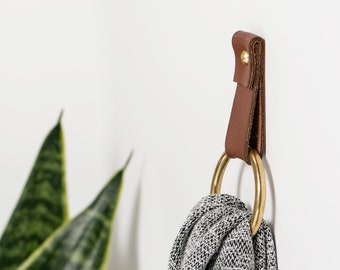 small leather strap with brass towel ring minimalist hanger for bath towel holder leather wall hook strap towel hook nordic bathroom decor