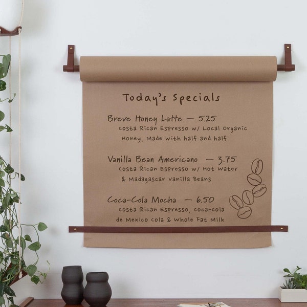 Changeable Cafe Restaurant Menu display announcement board wall hung brown butcher paper menu board roll dispenser leather hook strap hanger